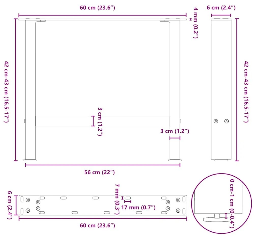 Pés para mesa de centro em aço natural, 2 peças, 60x (42-43) cm, aço