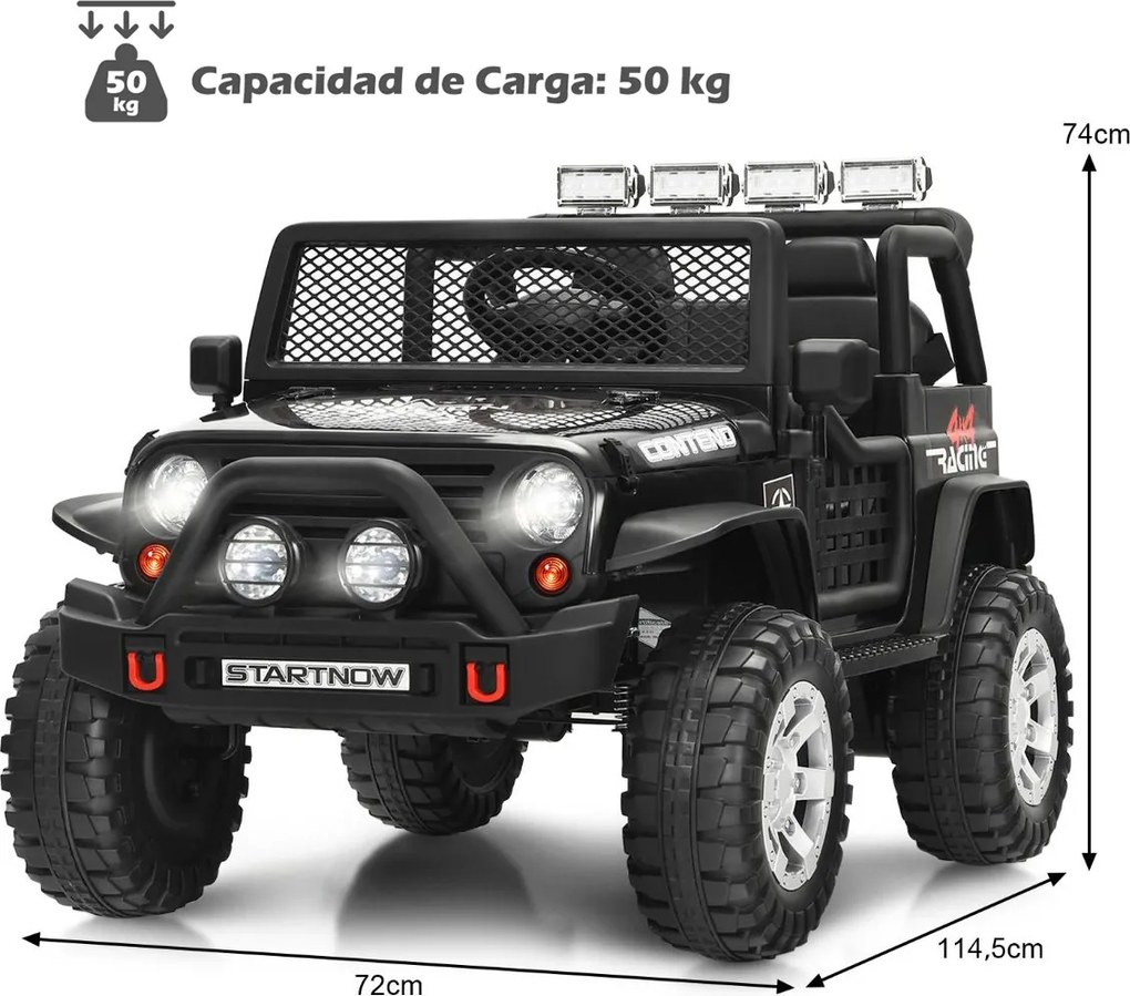 Carro elétrico 12V para crianças com controlo remoto, 3 velocidades, suspensão, música e buzina, para 3 a 7 anos, Preto