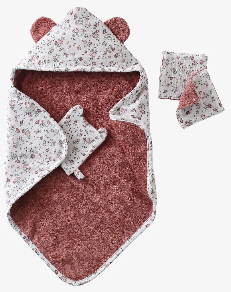 Conjunto com capa de banho + luva + toalhetes, para bonecas rosa