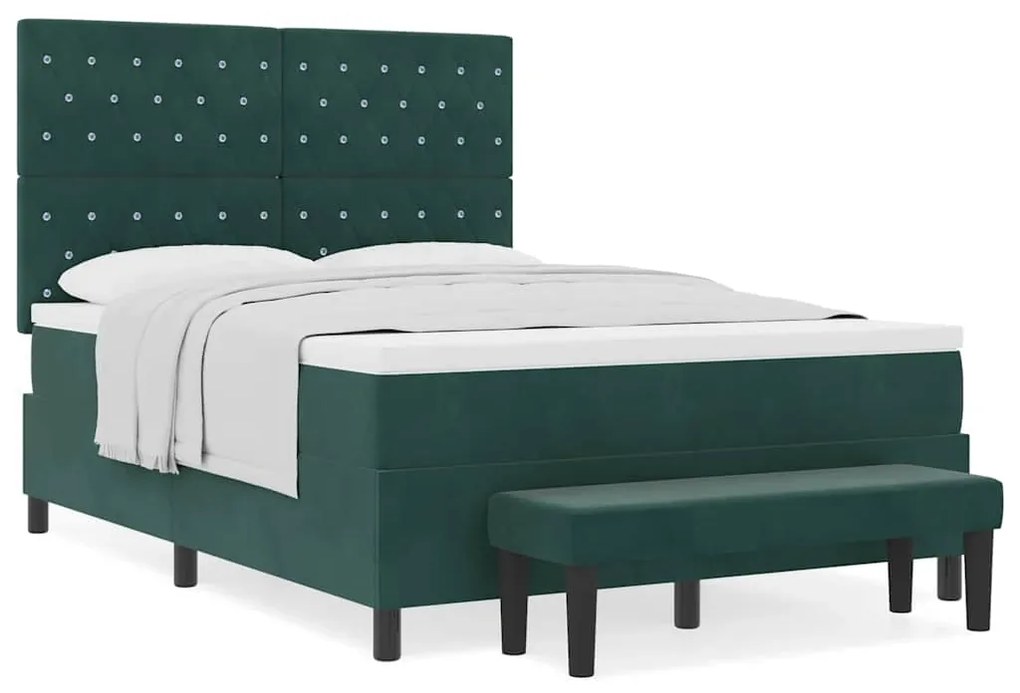 Cama Box Spring com Colchão &amp; Banco Verde Escuro 140x190 cm Veludo