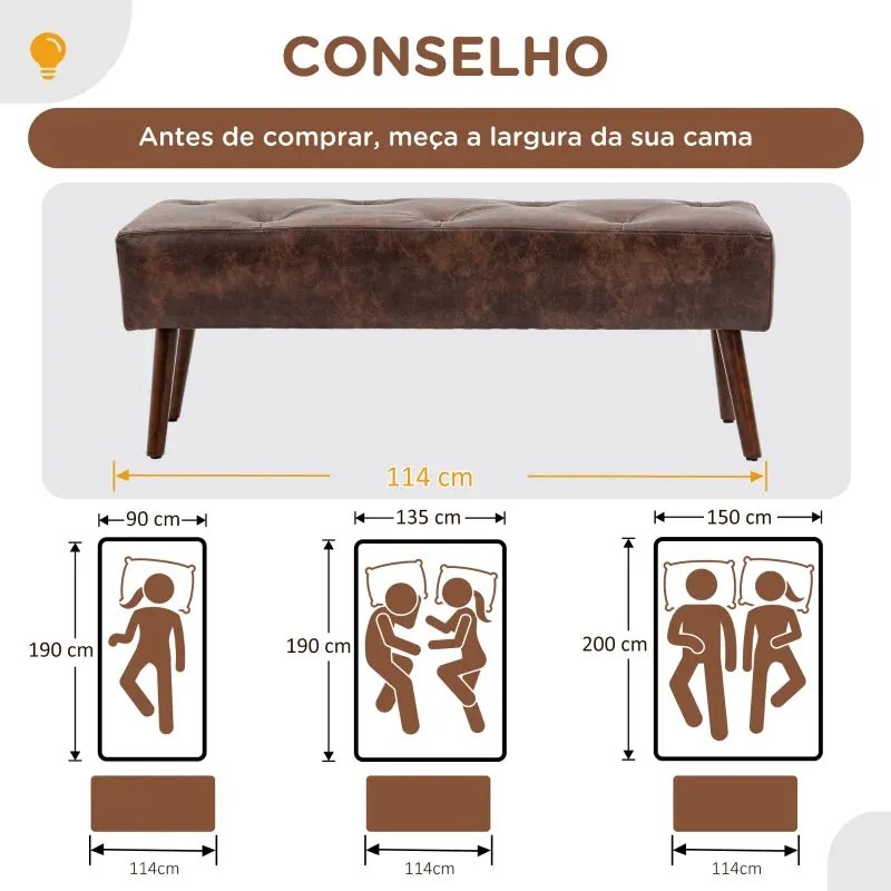 Banco Acolchoado – Henrita – 114x38x42 cm – Castanho – Design Vintage