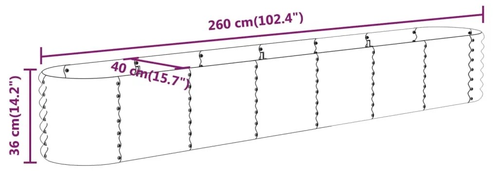 Canteiro elevado jardim 260x40x36 aço revestido a pó antracite