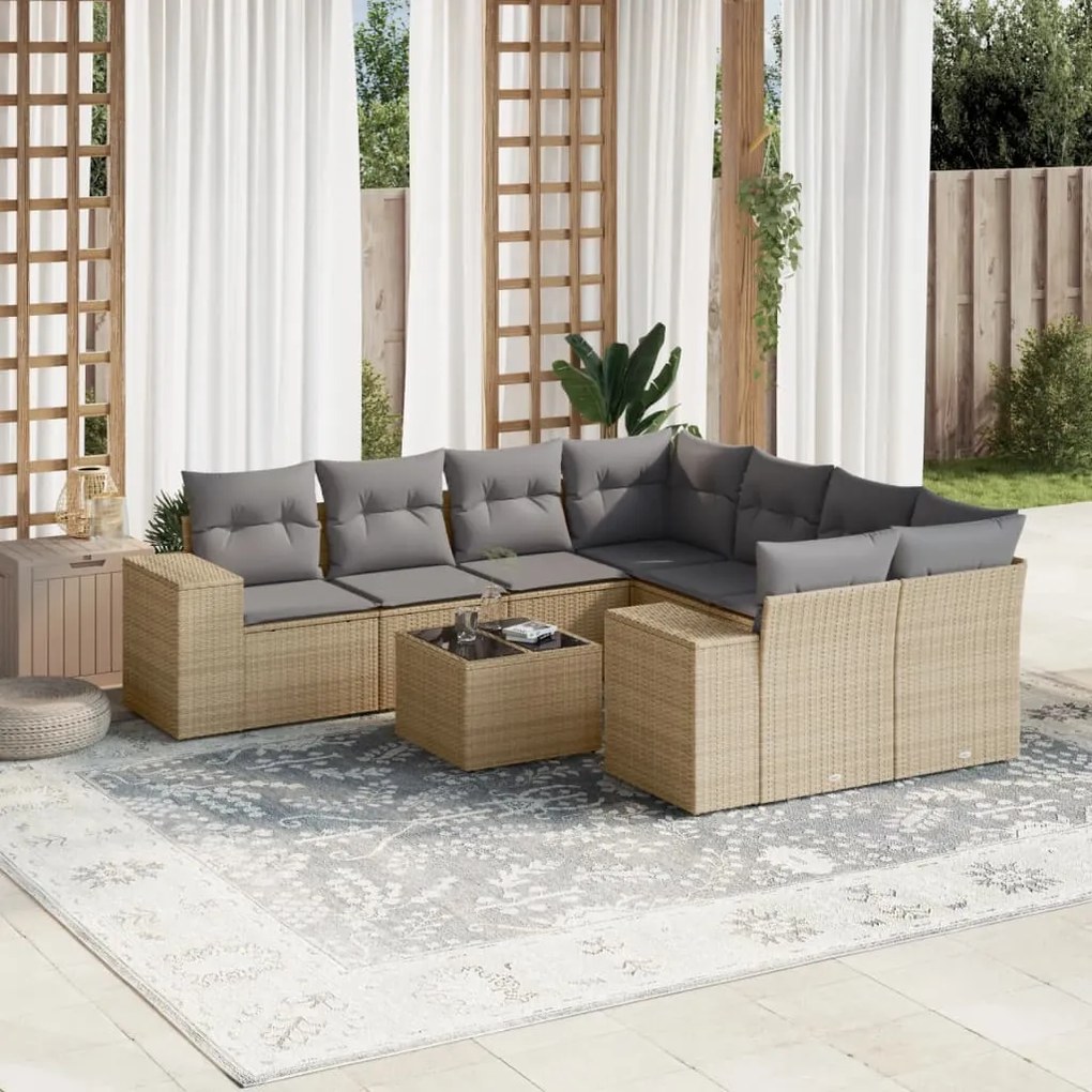 9 pcs conjunto de sofás p/ jardim com almofadões vime PE bege