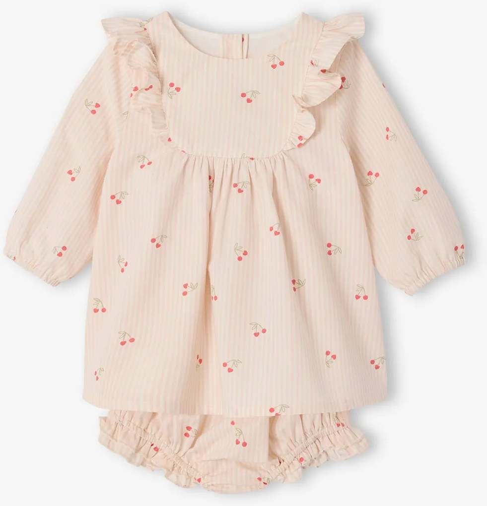 Conjunto 2 peças vestido e bloomer com cerejas cru