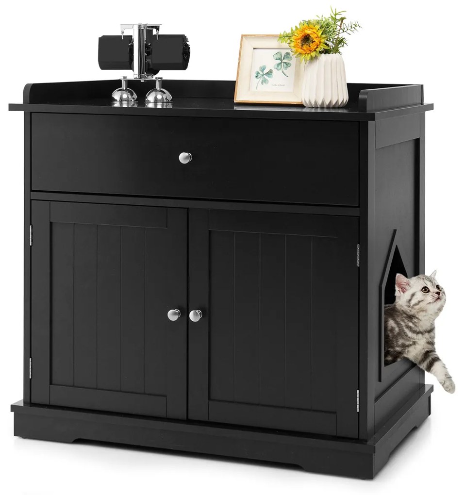 Caixa de areia para gatos com gaveta 2 portas Armário de cabeceira Caixa de areia Mesa de apoio 76 x 53 x 74 cm Preto