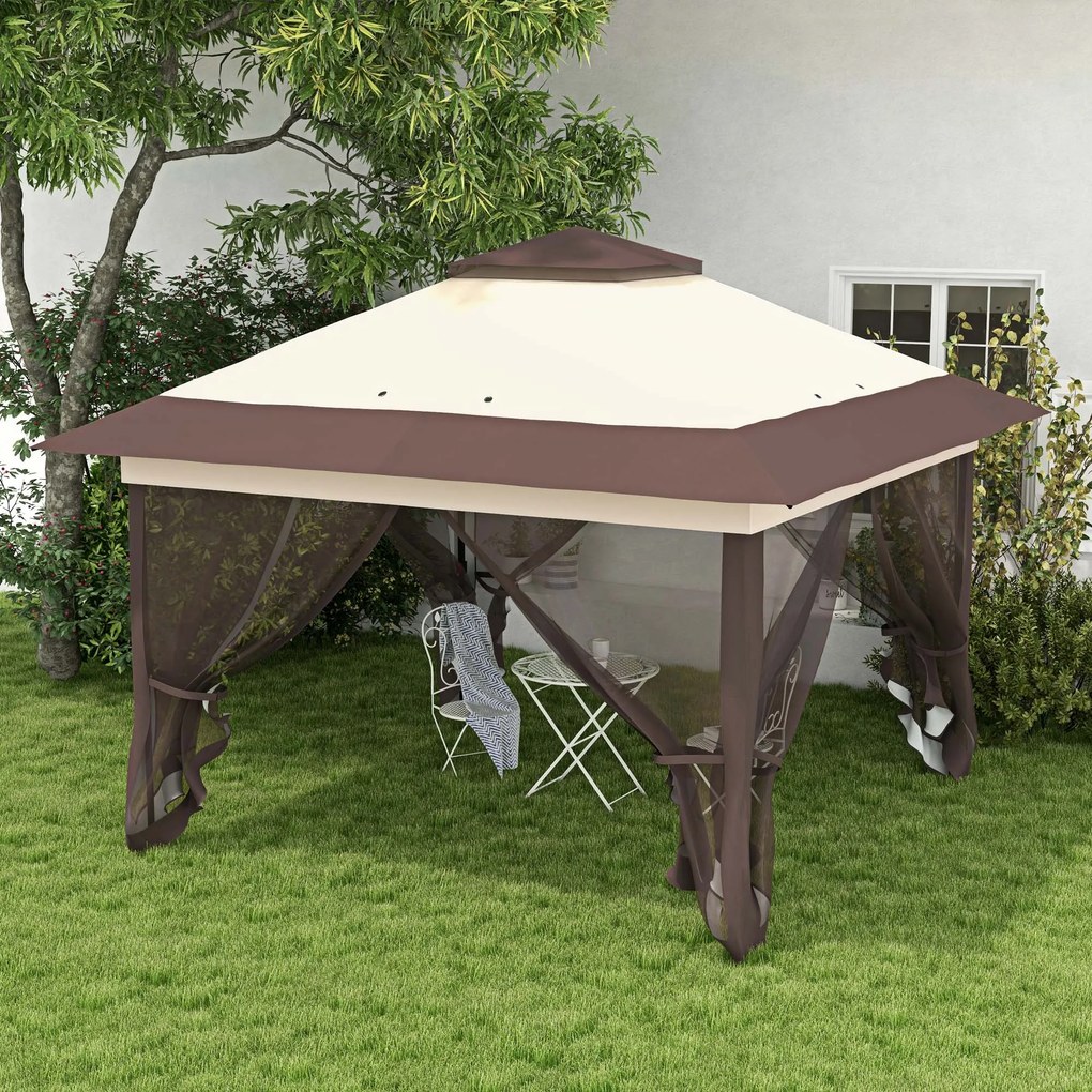 Tenda de jardim pop-up 3,64 C x 3,64 L x 2,98 A m dobrável em aço e poliéster com redes mosquiteiras + saco de transporte com rodas em cáqui e castanh