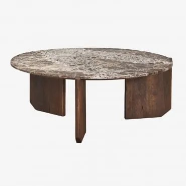 Mesa De Centro Redonda Em Pedra Natural E Madeira De Manga Lavinia Madeira De Cabo Escuro & Ø85 Cm & Mármore Castanho Emperador - Sklum
