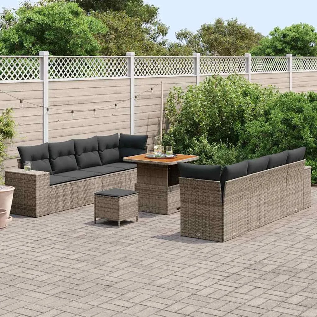 Conjunto de Sofás de Jardim de 11 Peças com Almofadas Cinzento Rattan