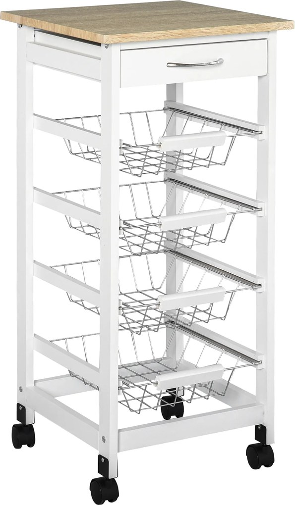 HOMCOM Carrinho de Serviço 4 Cestos + Gaveta Pinho 37x37x82 cm Branco | Aosom Portugal