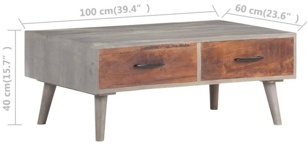 Mesa de centro 100x60x40 cm mangueira maciça áspera cinzento