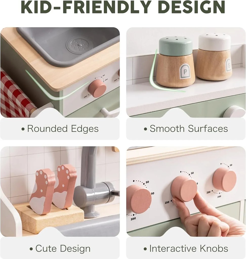 Cozinha de Brincar de Madeira 63-70 x 29,5 x 85,5 cm Expansível Verde