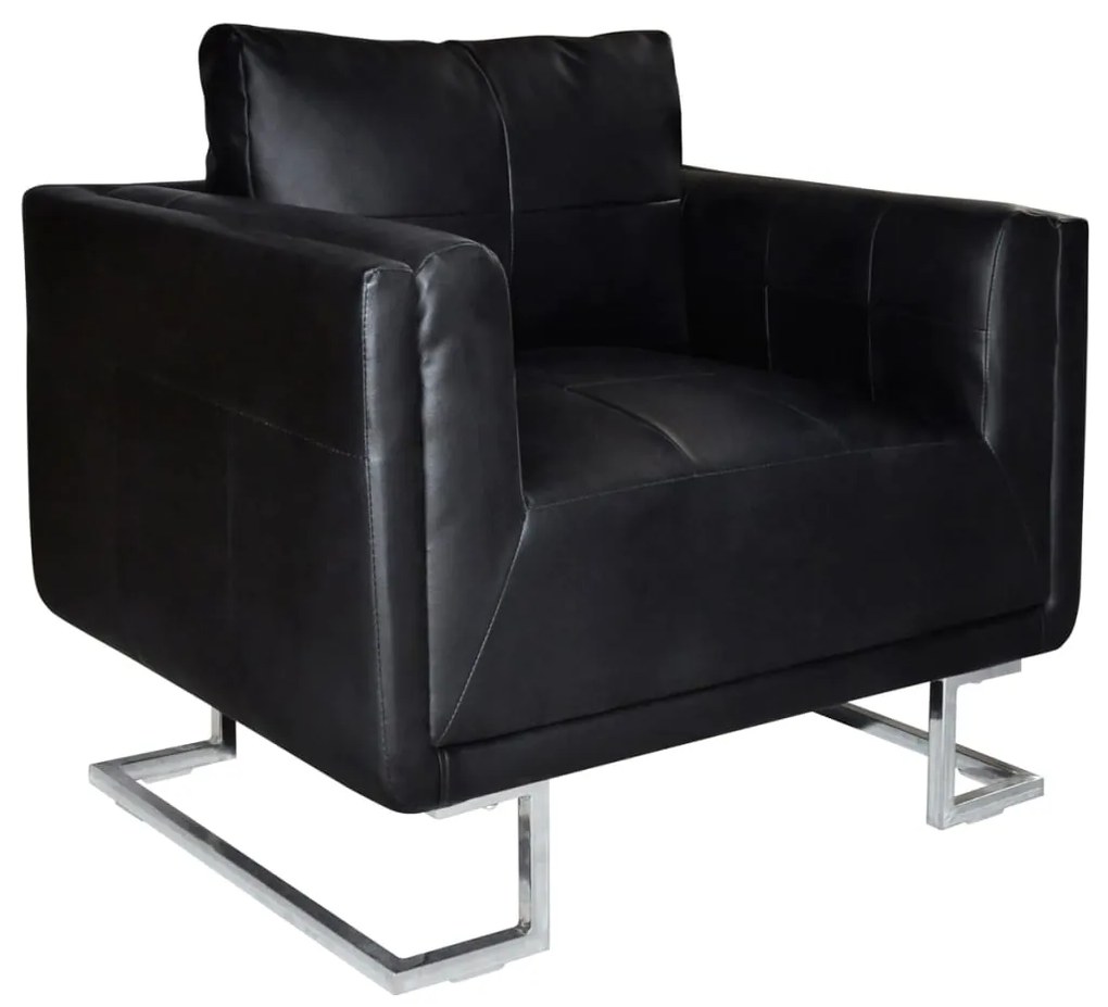 241004 vidaXL Poltrona cubo com pés cromados couro artificial preto