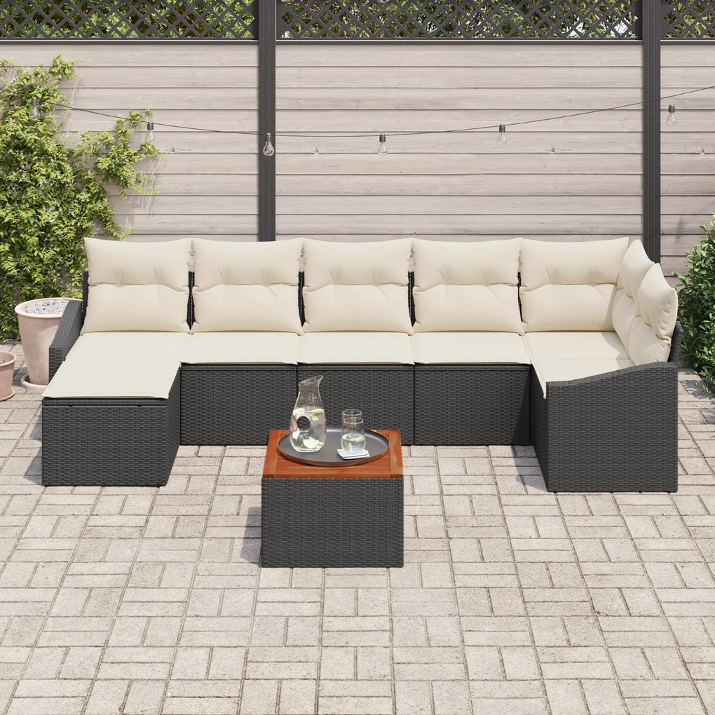 Conjunto de Sofá de Jardim 8 Peças com Almofadas Preto Rattan Poliéste