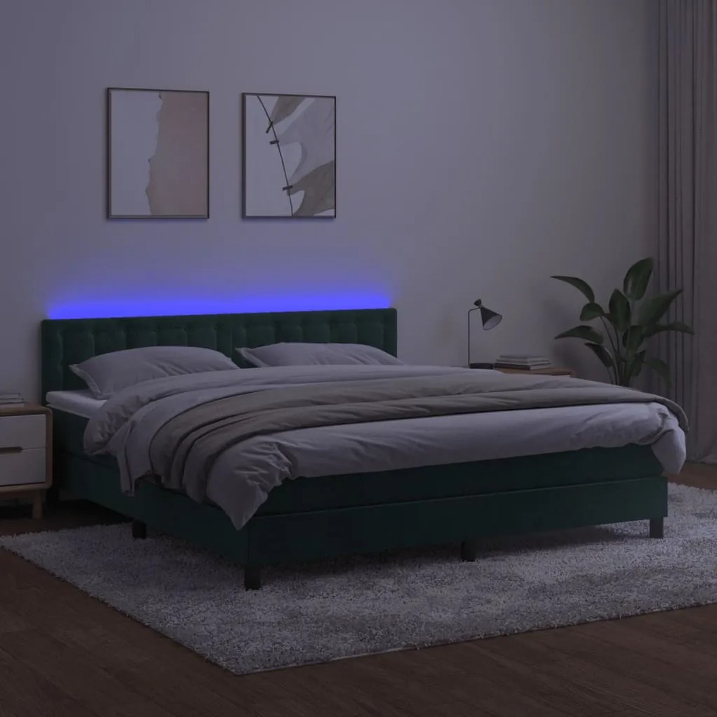 Cama box spring c/ colchão/LED 160x200 cm veludo verde-escuro