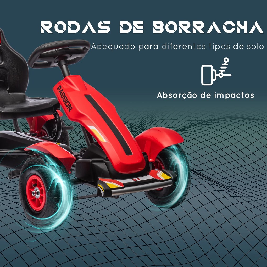 Kart a Pedais para Crianças com Assento Ajustável Pneus de Goma Travão de Mão para Crianças de 5-12 Anos 121x58x61 cm Vermelho