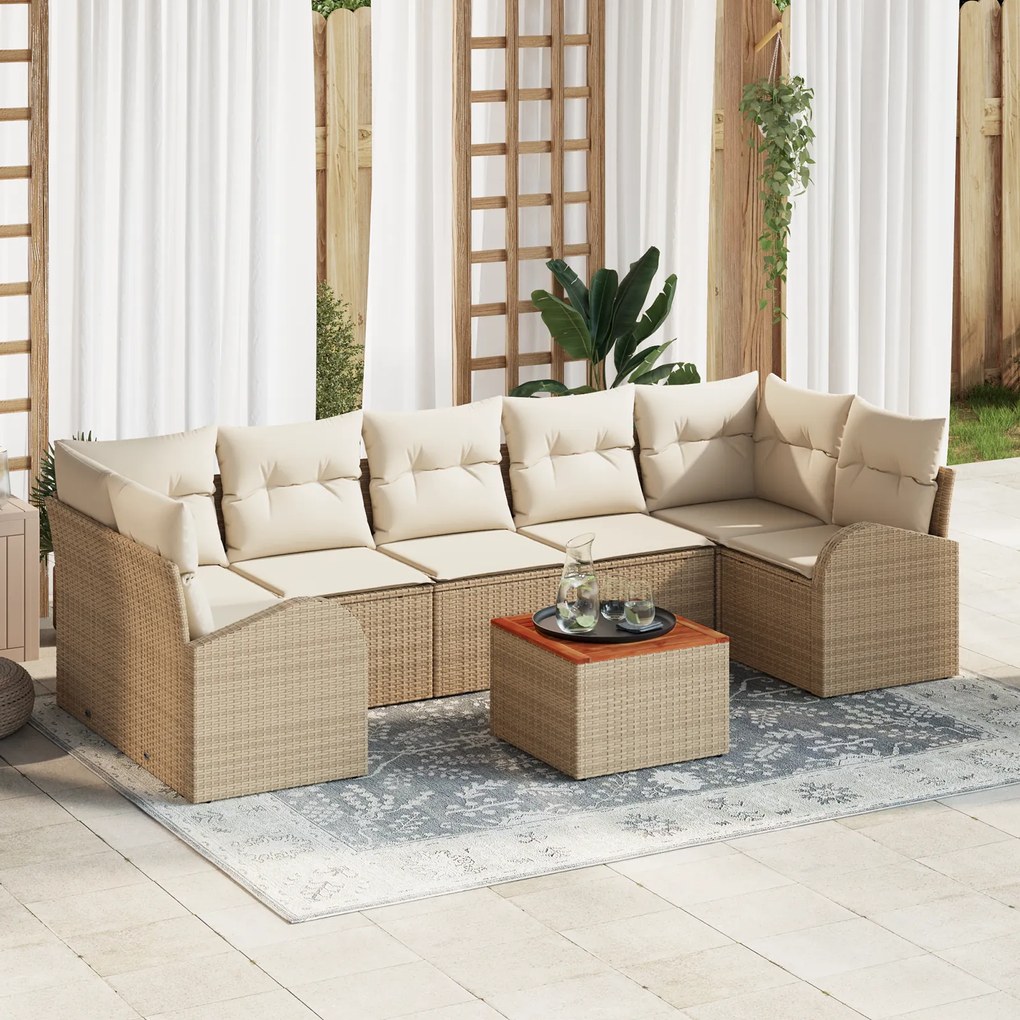 Conjunto de Sofá de Jardim de 8 Peças com Almofadas Bege Rattan Acácia