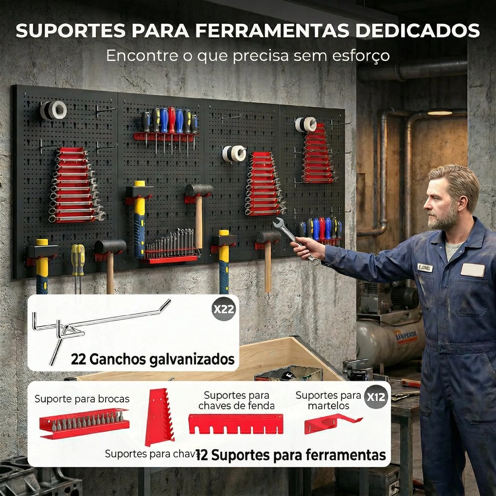 Organizador de Ferramentas de Parede com 38 Peças cada painel 60x40 cm com Ganchos e Suportes Preto e Vermelho