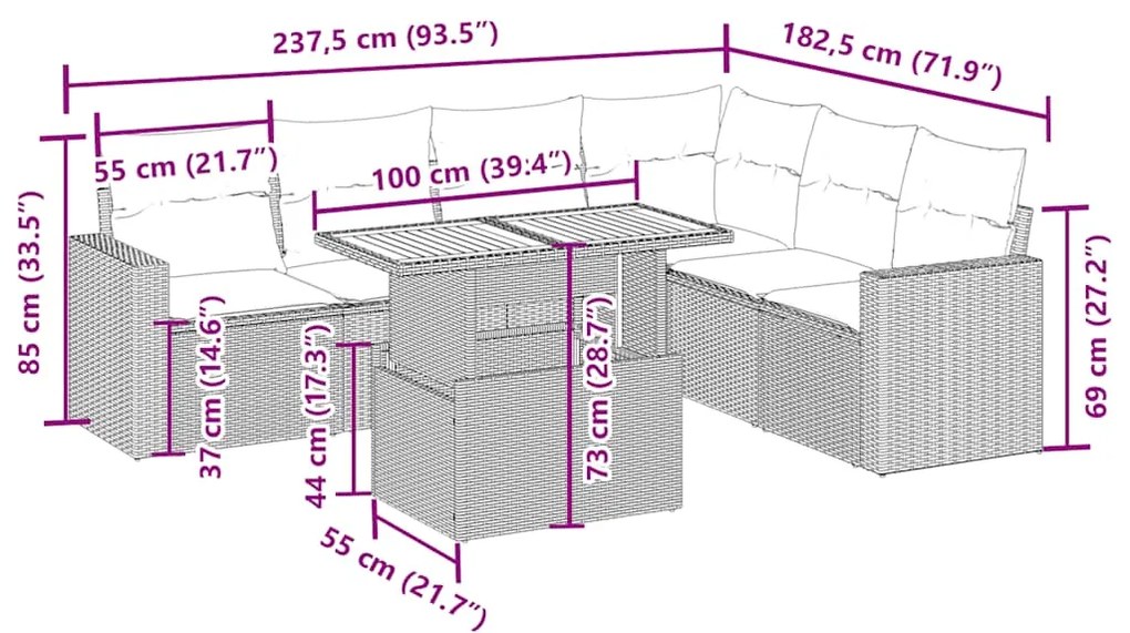 7 pcs conjunto de sofás p/ jardim com almofadões vime PE bege
