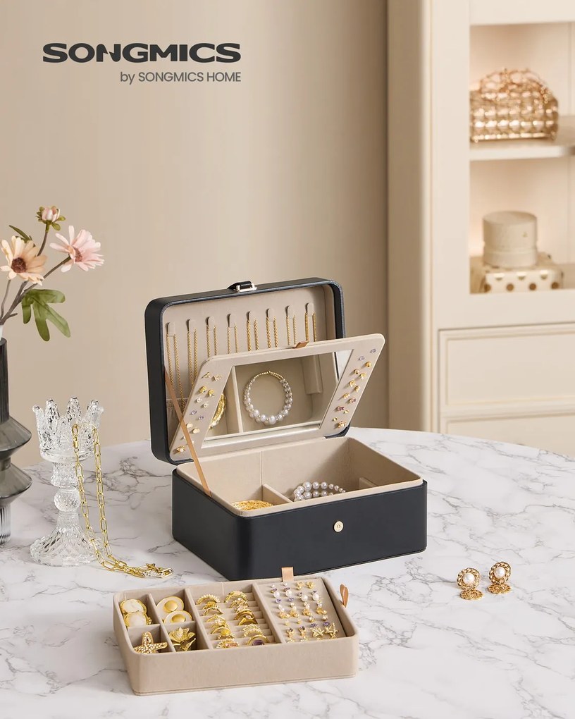 Caixa para joias 17,6 x 22 x 11 cm com duas camadas, espelho e tabuleiro flexível Preta