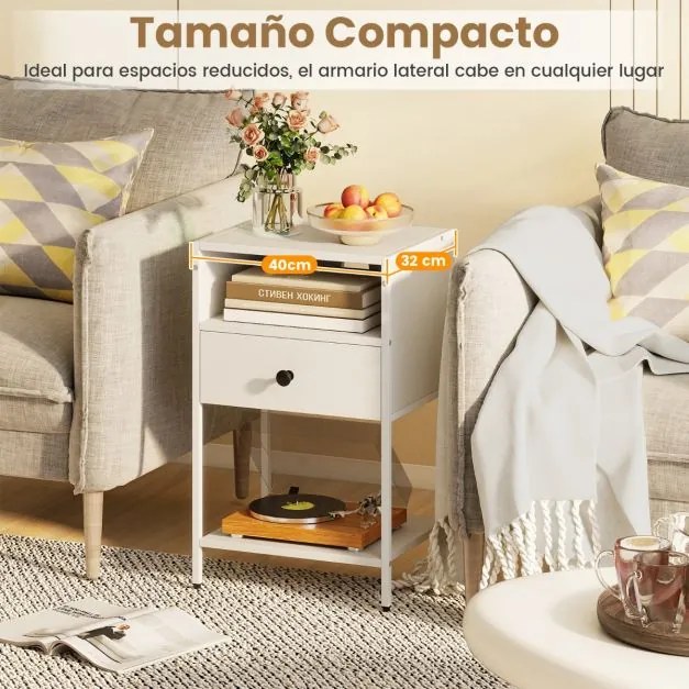 Conjunto de 2 mesas de cabeceira 40 x 32 x 65 cm com estação de carregamento, compartimento aberto, gaveta, estante, armazenamento, , branco e preto