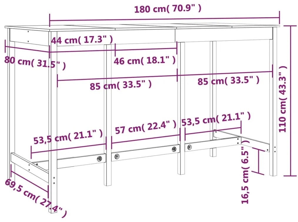 Mesa de bar 180x80x110 cm madeira de pinho maciça branco