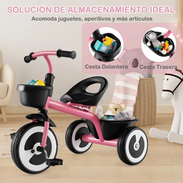 Triciclo infantil de 3 rodas com assento ajustável, cestos dianteiro e traseiro, estrutura em ferro, para 1,5 a 5 anos Rosa