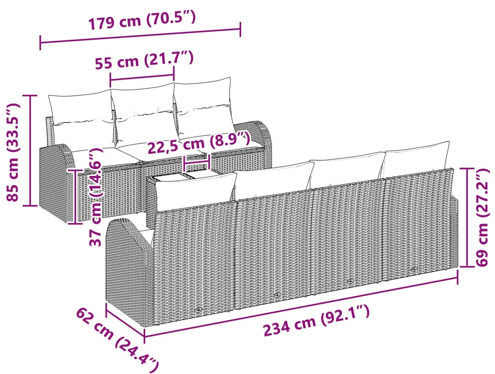 Conjunto de Sofá de Jardim de 8 Peças com Almofadas Preto Rattan Polié