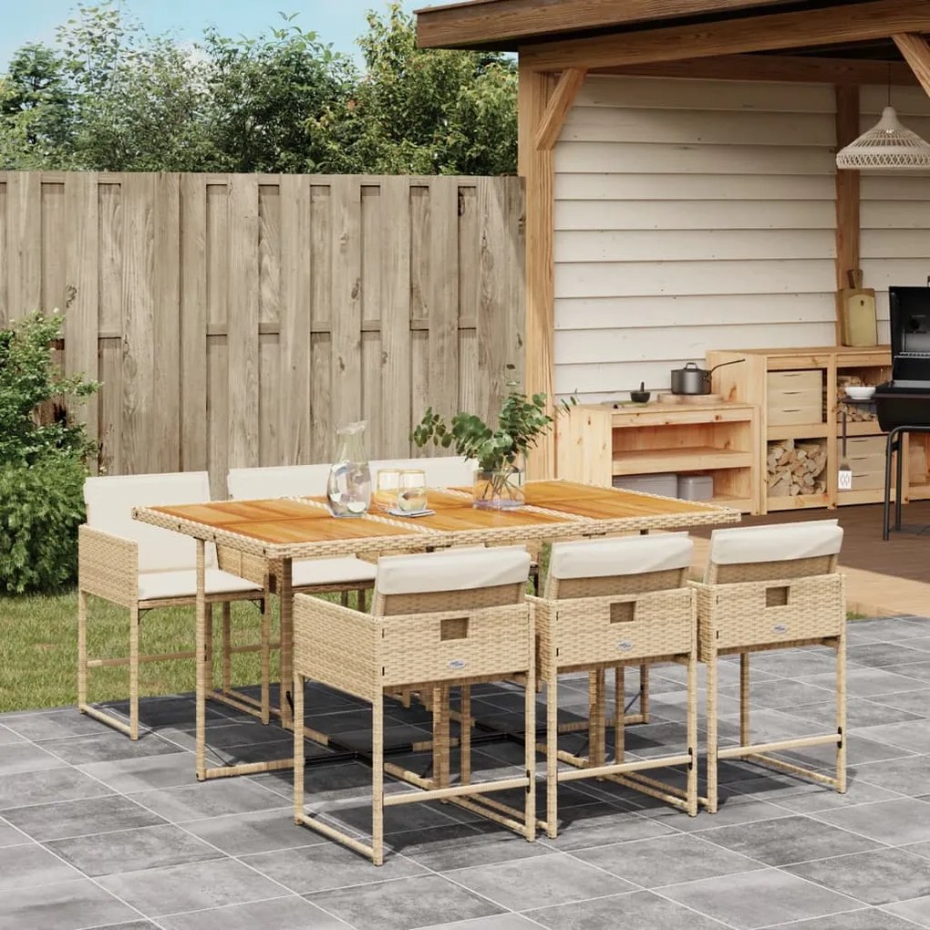 7 pcs conjunto de jantar p/ jardim com almofadões vime PE bege