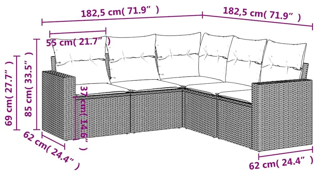 5 pcs conj. sofás jardim c/ almofadões vime PE cinzento-claro