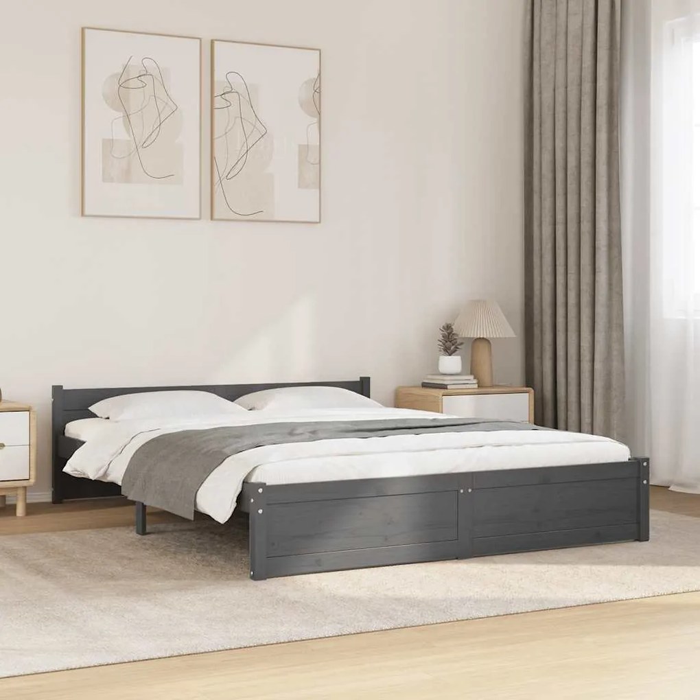 Estrutura de cama casal 135x190 cm madeira maciça cinzento