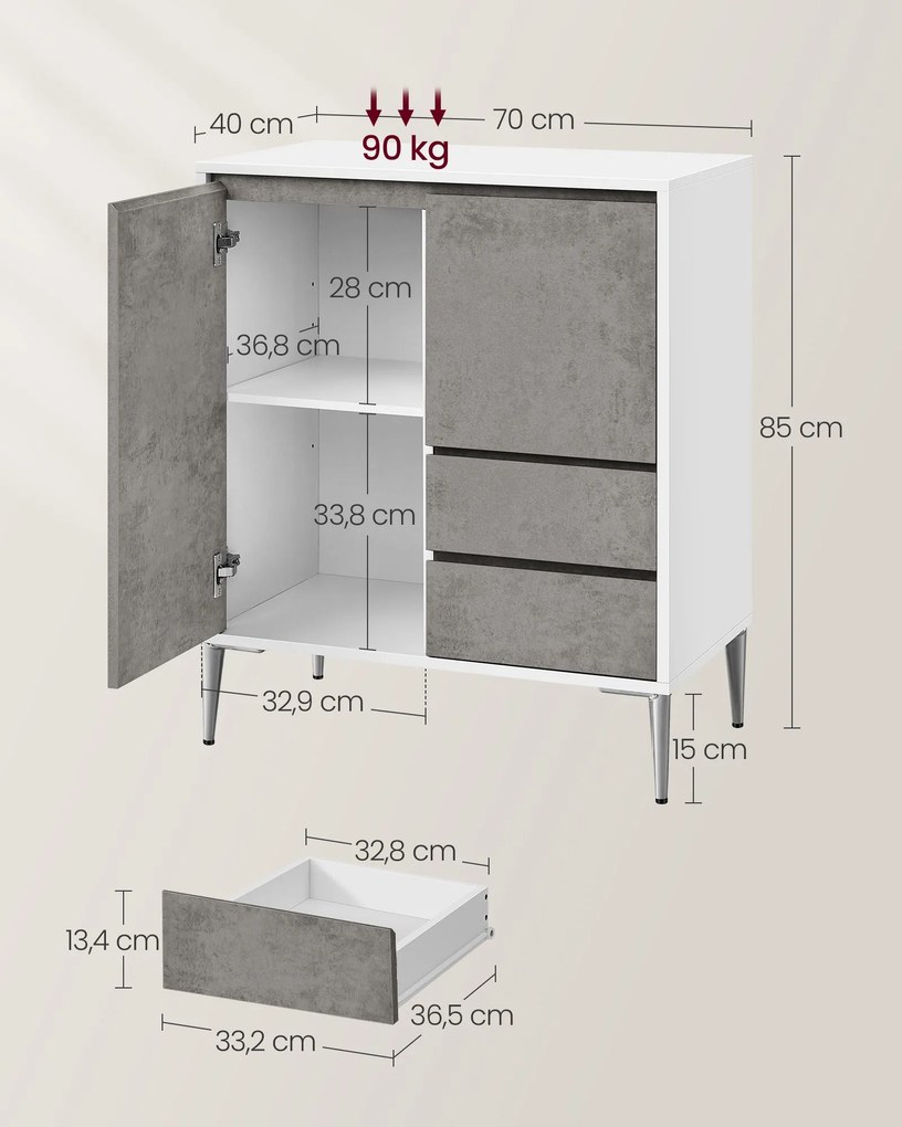 Armário de arrumação com portas e 2 gavetas 40 x 70 x 85 cm branco + cinza