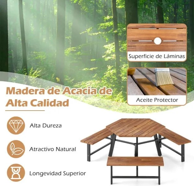 Conjunto de mesa e bancos para 6 pessoas em madeira de acácia com 3 assentos, orifício para guarda-sol e estrutura metálica castanha e preta