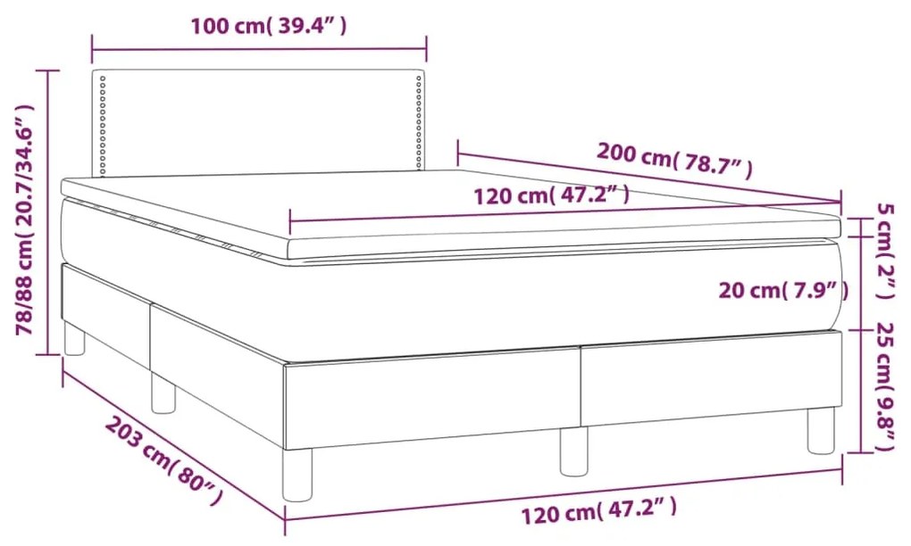 Cama box spring c/ colchão/LED 120x200cm veludo cinzento-escuro