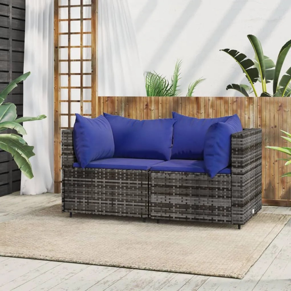 vidaXL Sofás de canto p/ jardim c/ almofadões 2 pcs vime PE cinzento