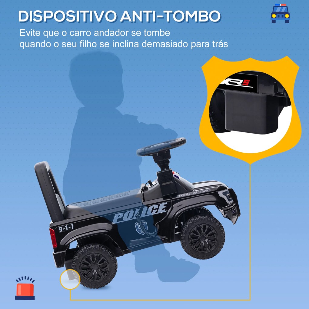 HOMCOM Carro Andador de Policia para Bebé de 18-60 Meses Carro sem Pedais com Buzina Megafone Compartimento de Armazenamento e Encosto Removível 62x29x43cm Preto