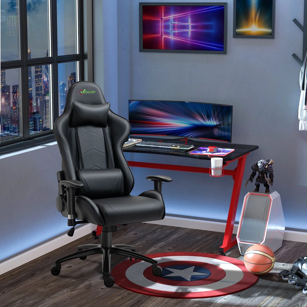 Cadeira de Gaming Ergonômica Giratória com Altura Ajustável Apoio para os Braços Apoio para a Cabeça e Almofada Lombar Couro Sintético 73x71x128-136cm