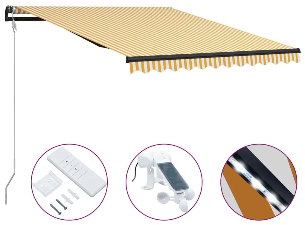 vidaXL Toldo retrátil c/ sensor vento e LED 300x250cm amarelo/branco