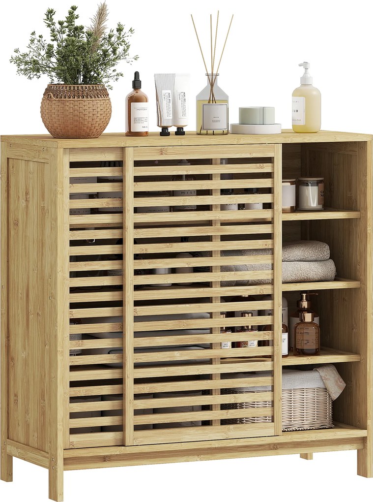 Armário de Casa de Banho em Bambu com 2 Portas de Correr Desenho com Ripas 4 Prateleiras Móvel Auxiliar de Arrumação 80x34x80 cm Madeira
