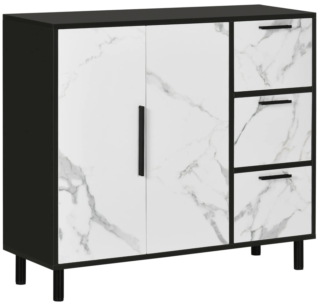 HOMCOM Aparador de Sala de Estar com 2 Portas 3 Gavetas Móvel Auxiliar de Armazenamento Estilo Moderno 90x30x80cm Branco e Preto | Aosom Portugal