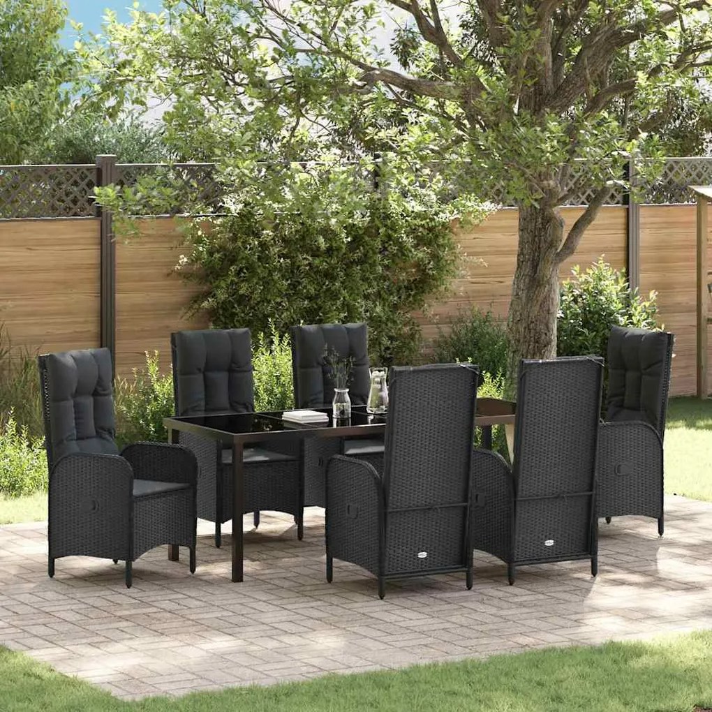 vidaXL Conjunto de Jantar de Jardim com 7 Peças em Rattan Poliéster Preto