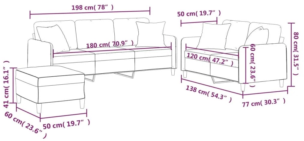 3 pcs conjunto de sofás com almofadas tecido cinza-acastanhado