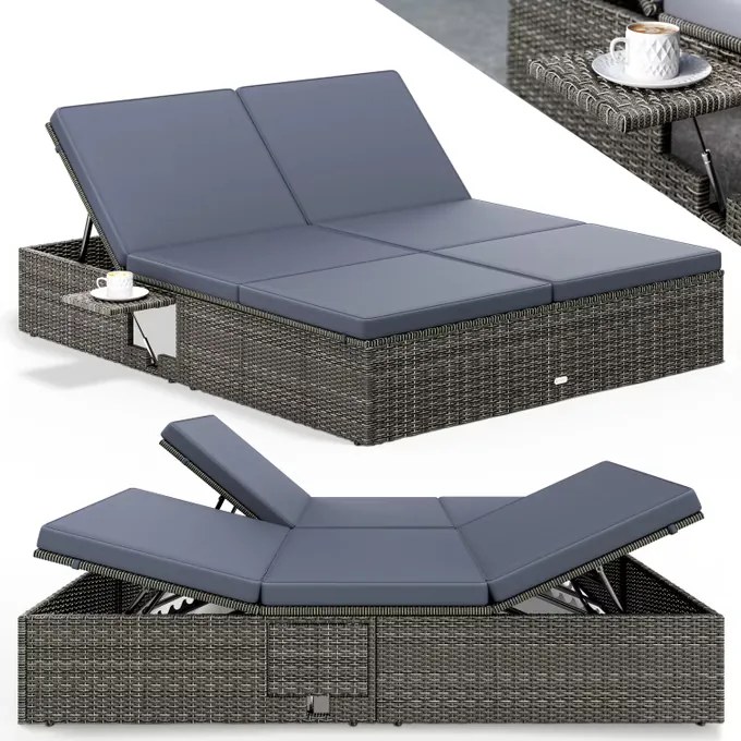 Espreguiçadeira dupla jardim Polyrattan 200x160x33cm Cinza/Antracite