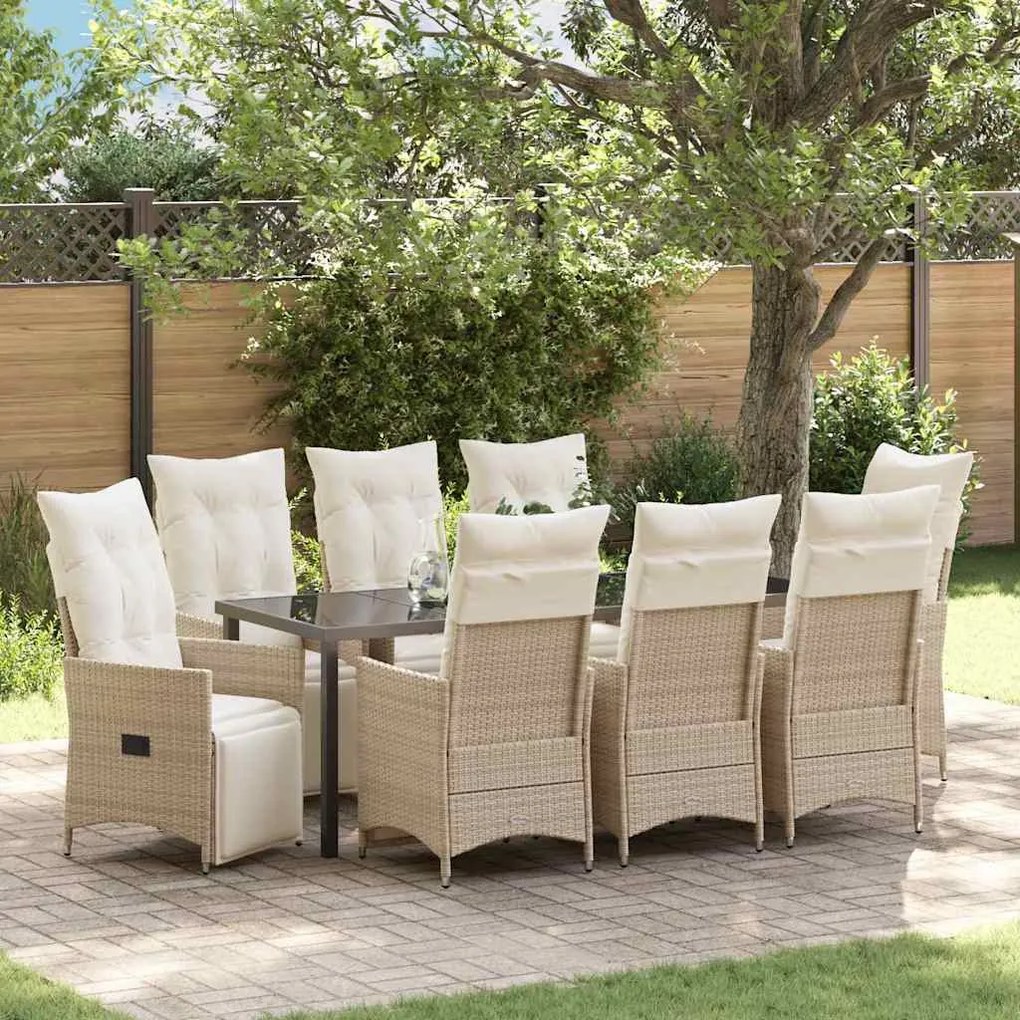 vidaXL Conjunto de Jantar de Jardim com 9 Peças e Almofadas Bege em Rattan Sintético.