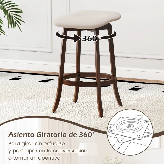 Conjunto de 2 bancos giratórios de bar sem encosto com assentos estofados e apoio para os pés para sala de jantar 46 x 43 x 74 cm Castanho