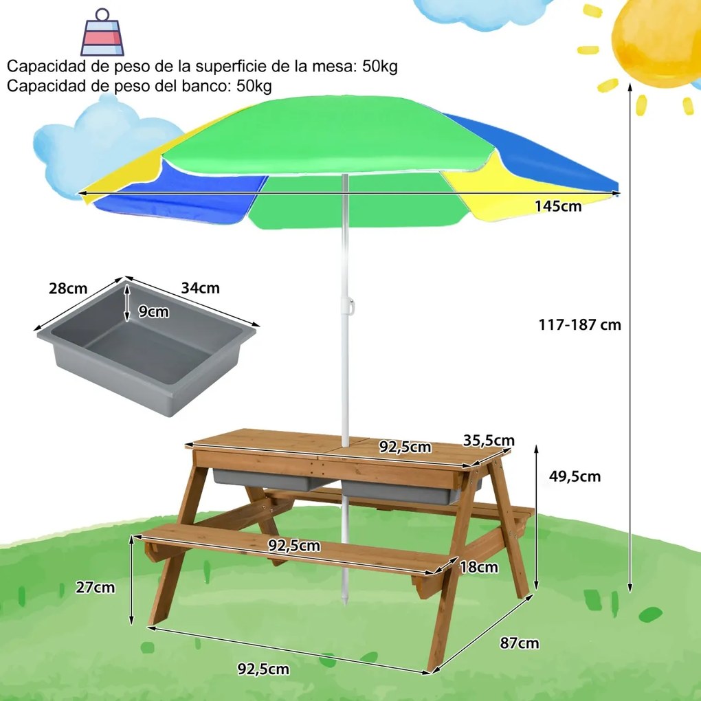 Mesa de piquenique infantil 3 em 1 com guarda-sol removível e ajustável de altura de 117 a 187 cm Mesa de madeira para pátio de jardim Multicolorido