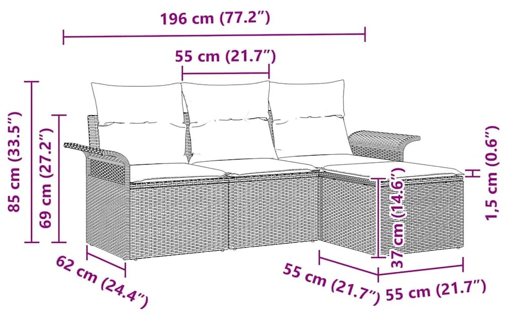 Conjunto de Sofá de Jardim de 4 Peças com Almofadas Bege Rattan Polipr
