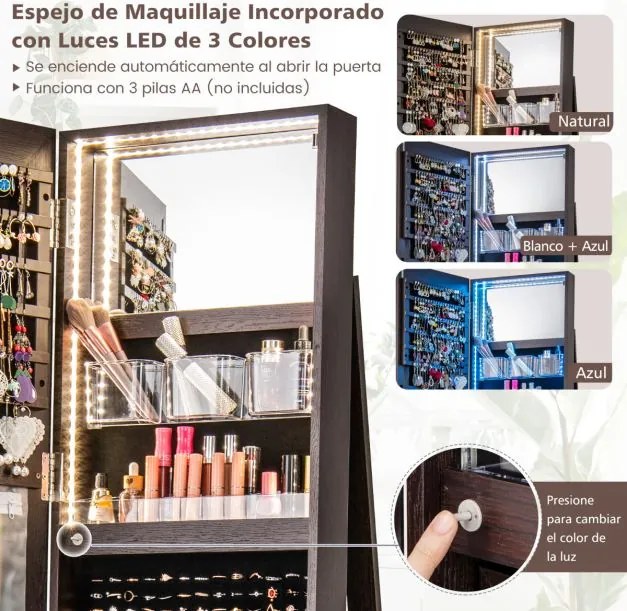 Armario Jóias rotativo 360° com luzes LED Espelho de corpo inteiro Estantes 54,5 x 161 cm Café