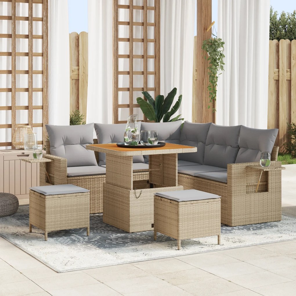 Conjunto de Sofás de Jardim de 8 Peças com Almofadas Bege de Rattan de Polietileno Acácia