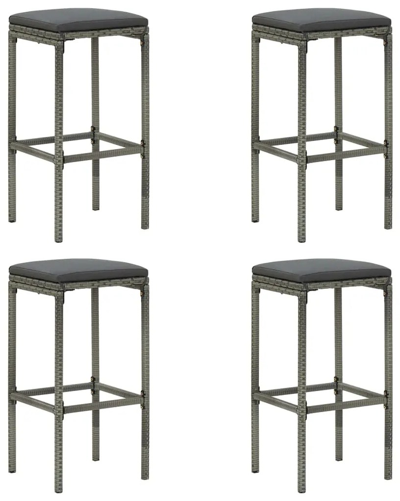 Bancos de bar com almofadões 4 pcs vime PE cinzento