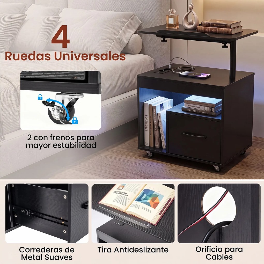 Conjunto de 2 Mesas de Cabeceira Ajustáveis, 60 x 40 x 74 cm, Luz LED Integrada, Preto